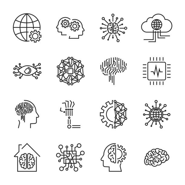 ilustrações, clipart, desenhos animados e ícones de inteligência artificial e robô relacionados icon set vector. -co - industrial equipment automated business push button