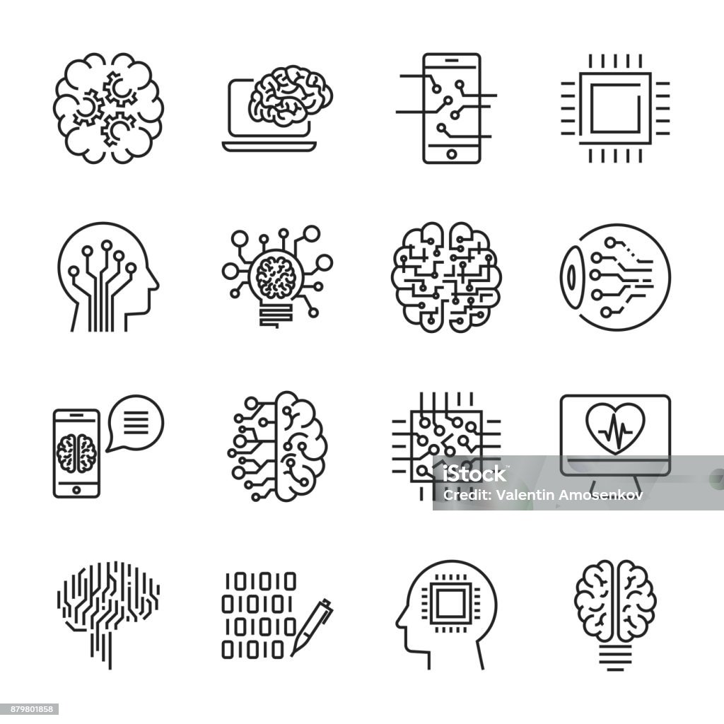 Einfachen Satz von künstlicher Intelligenz im Zusammenhang mit Linie Symbole enthält Ikonen wie Gehirn, Auge, Droid und Chip. Editierbare Schlaganfall - Lizenzfrei Icon Vektorgrafik