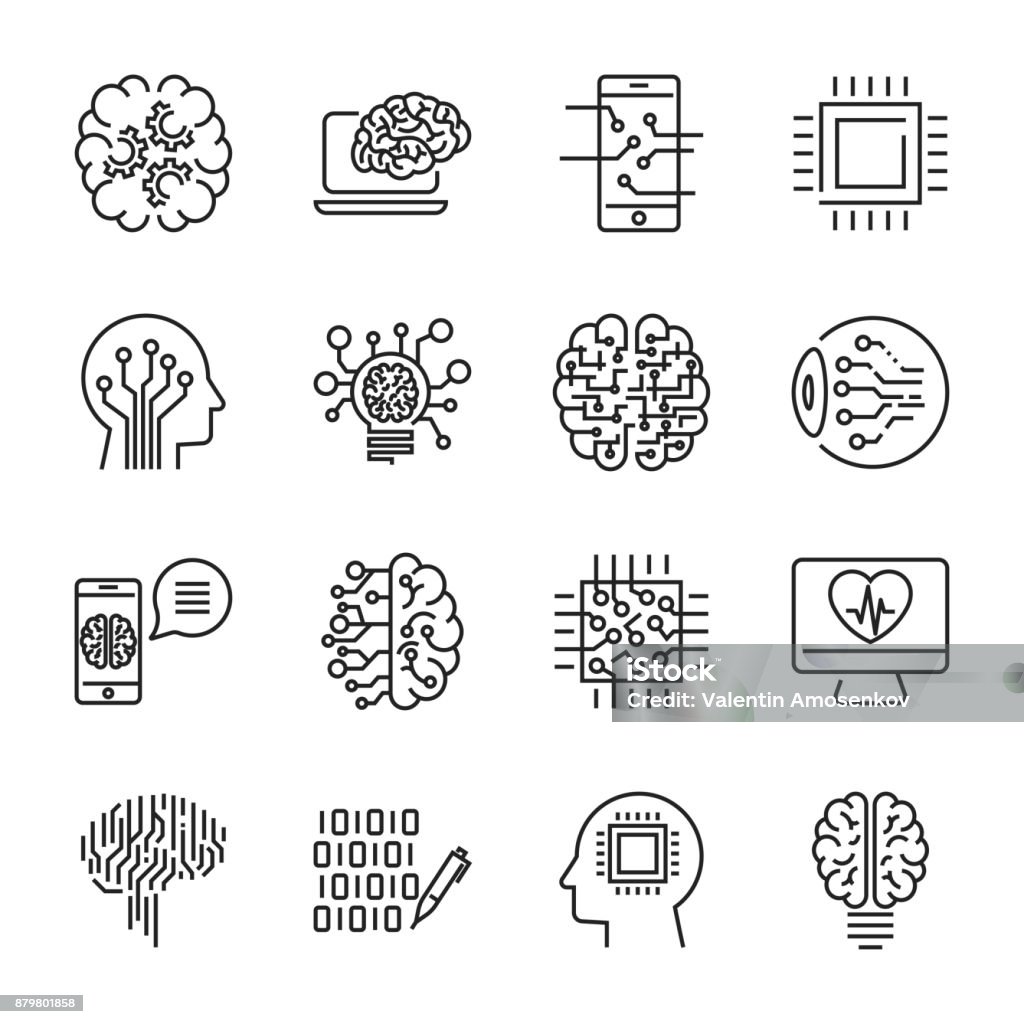 Simple set of artificial intelligence related line icons contains such icons as droid, eye, chip, brain. Editable Stroke Simple set of artificial intelligence related line icons contains such icons as droid, eye, chip, brain. Editable Stroke. EPS 10 Icon Symbol stock vector