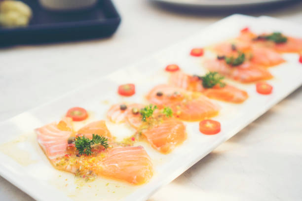 istock Sashimi salmon set, raw fish, japanese food.(Selective focus) 879802056