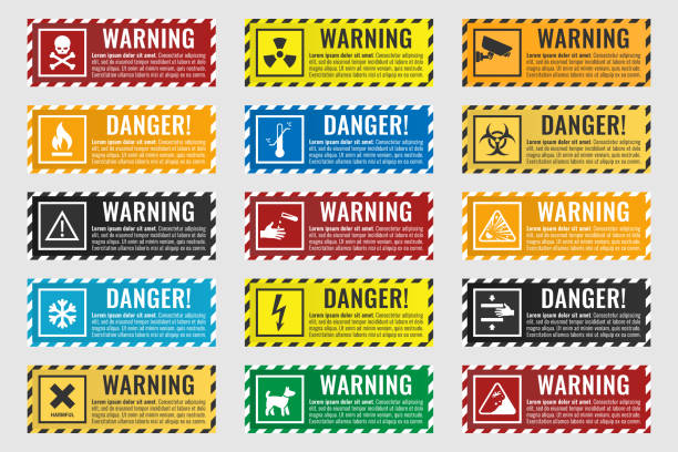 ilustrações, clipart, desenhos animados e ícones de sinais de aviso do perigo - fogo, de alta tensão, tóxico, temperatura - safety error message sign warning sign