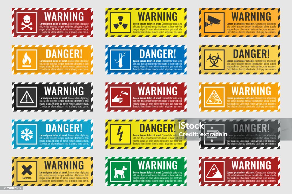 signs warning of the danger - fire, high voltage, toxic, temperature danger sign banner with warning text, vector illustration Warning Sign stock vector