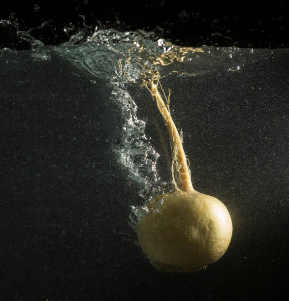 istock Turnip in water with splashes on a black background 879812762