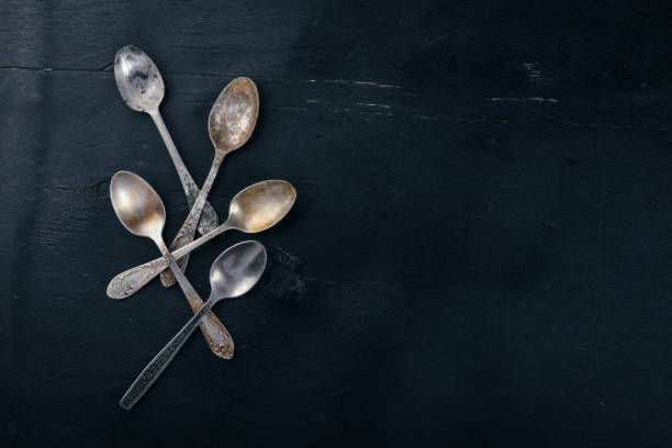 istock Old cutlery. On a wooden background. Top view. Free space for text. 879825266