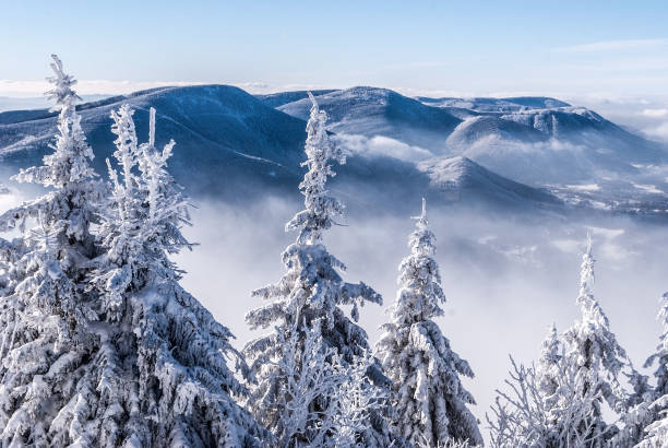 Knehyne, Velka Stolova and Radhost hill in winter Moravian-silesian Beskids mountains in Czech republic frozen winter Moravskoslezske Beskydy mountains panorama with Knehyne, Velka Stolova and Radhost hill from Lysa hora hill during freezing winter day with clear sky moravian silesian beskids photos stock pictures, royalty-free photos & images