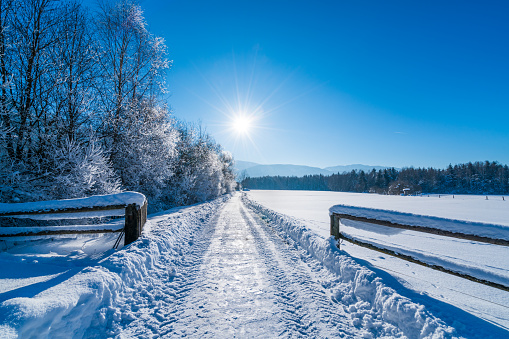 Beautiful view of the sunrise in the morning on the country snowy road. Scenery landscape.