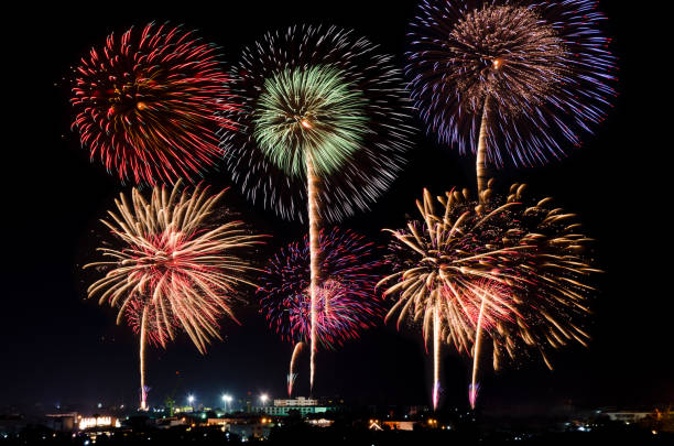 istock Colorful fireworks over city at night 879837736