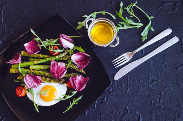 istock Fried egg and roasted fresh asparagus in black plate 879838100