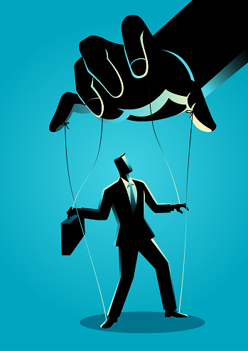 Business concept illustration of a businessman being controlled by puppet master