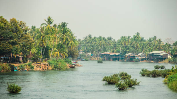 река меконг через 4000 островов, лаос - laos hut southeast asia shack стоковые фо�то и изображения