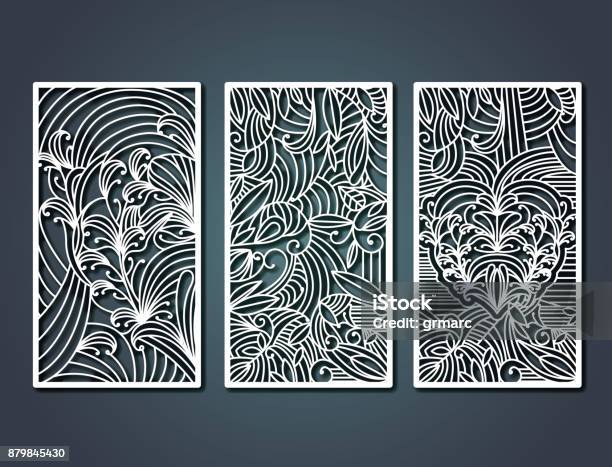 Laser Cutting Rectangular Frames With Decorative Floral Forms In Steel Blue Color Background Stock Illustration - Download Image Now