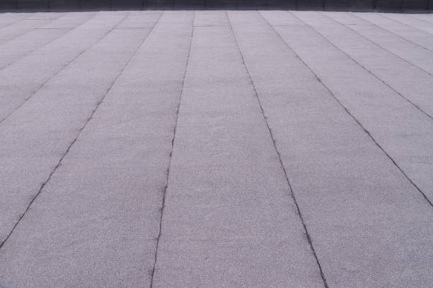 istock Flat surfaced roof coating. Heating and melting bitumen roofing felt background pattern. 879845484