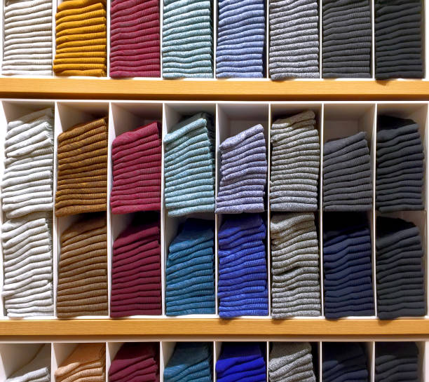 istock Folded Colorful Soft Socks on Shelf Background 879848160