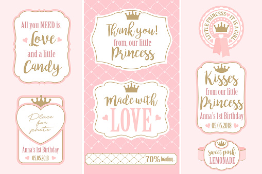 Candy wrappers, stickers, labels for little princess sweet table. Golden crown and pink