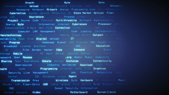 A digital background consisting of a word cloud from the IT & business. The image does not contain any propietary names.

