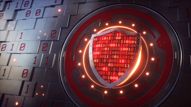 Artificial Wall Mechanism With Security Shield Concept An artificial wall consisting of plain square bricks with a mechanical opening that is guarded by a shield. The shield contains glowing red binary numbers.

 antivirus software stock pictures, royalty-free photos & images