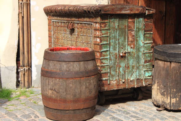 Ancient wooden medieval coffer and barrel