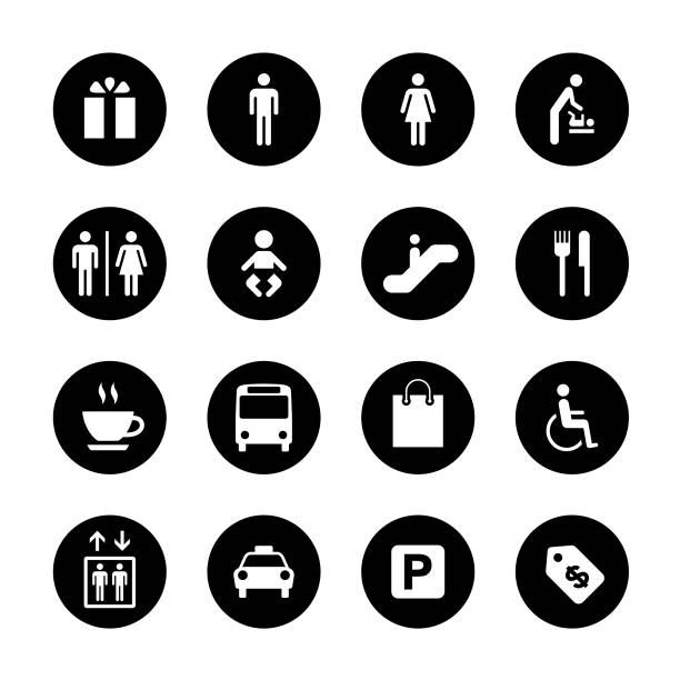 zestaw ikon koła publicznego i centrum handlowego - public restroom bathroom symbol computer icon stock illustrations