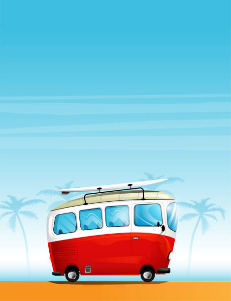 Hippie cartoon minivan with a surfboard Hippie cartoon minivan with a surfboard on the roof. Vacation, vacation, travel concept. Vector hippie car stock illustrations