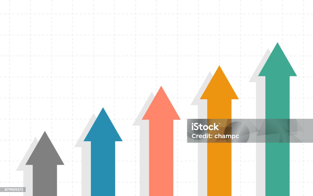 Resumo gráfico de negócios com gráfico de linha de tendência de alta e setas do mercado de ações em design liso ícone sobre fundo de cor branca - Vetor de Movendo-se para Cima royalty-free