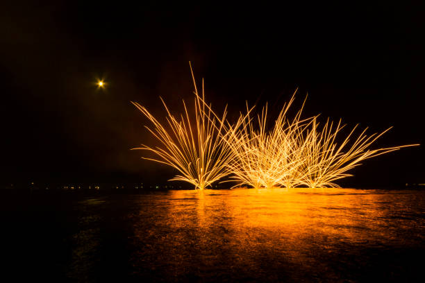 Fireworks on sea stock photo