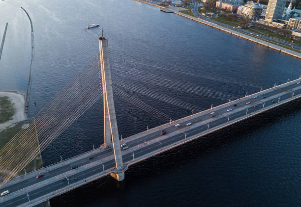 istock Cable-stayed bridge. Riga, capital of Latvia. Aerial view. 879922202