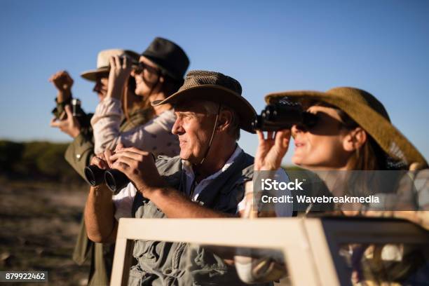 Friends Looking Through Binoculars During Safari Vacation Stock Photo - Download Image Now