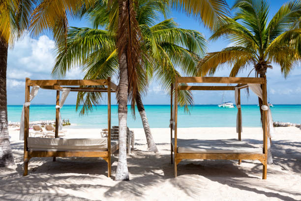 istock Luxurious sunbeds in the caribbean, Mexico 879922478