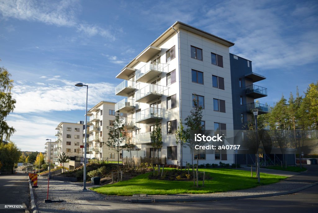 Modern apartment buildings Modern apartment buildings in Stockholm are  - Sweden Apartment Stock Photo