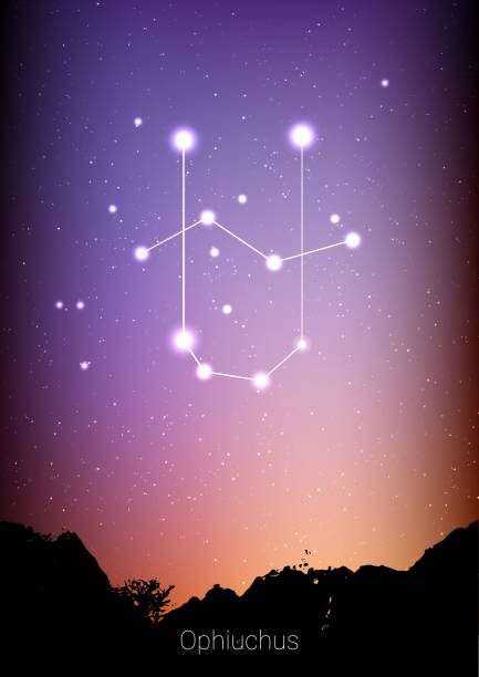 istock Ophiuchus zodiac constellations sign with forest landscape silhouette on beautiful starry sky with galaxy and space behind. Ophiuchus horoscope symbol constellation on deep cosmos background 879931882