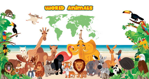 ilustraciones, imágenes clip art, dibujos animados e iconos de stock de mundo los animales - monkey baboon elephant ape