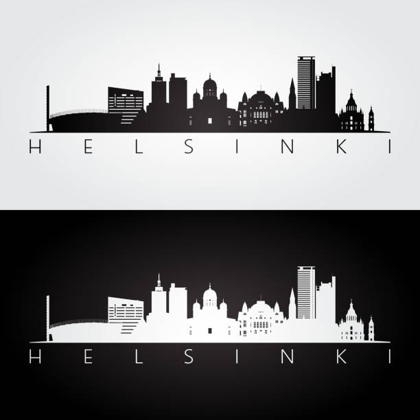 helsinki skyline und wahrzeichen silhouette, schwarz / weiß design, vektor-illustration. - helsinki stock-grafiken, -clipart, -cartoons und -symbole