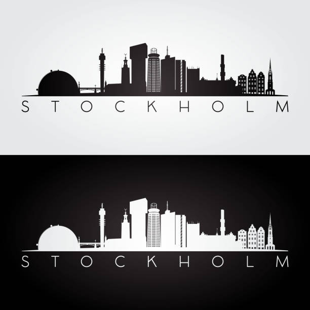 illustrazioni stock, clip art, cartoni animati e icone di tendenza di skyline di stokholm e silhouette di punti di riferimento, design in bianco e nero. - stockholm panoramic bridge city