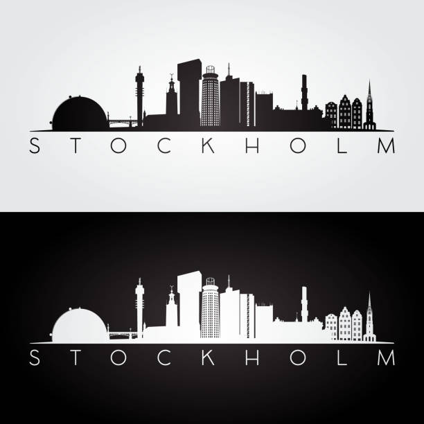bildbanksillustrationer, clip art samt tecknat material och ikoner med stokholm skyline och sevärdheter siluett, svart och vit design. - stockholm