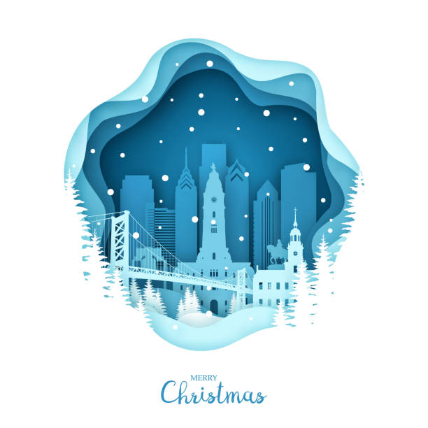 Christmas Philadelphia in the snow. Paper City Style. Vector illustration. Christmas Philadelphia in the snow. Paper City Style. Vector illustration. philadelphia winter stock illustrations