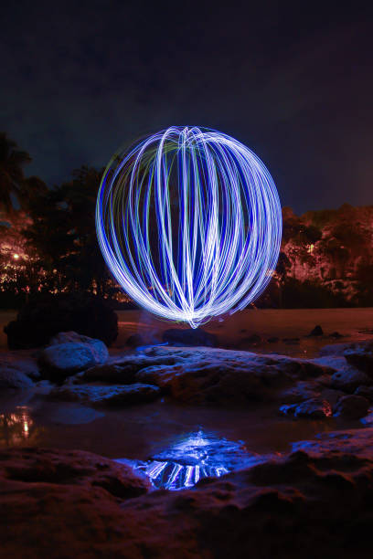 istock light lines of flashlight with long exposure and reflection in the water , speed motion abstract background in the dark night 879964298