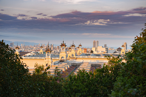 Evening aerial view on Barcelona town from Montjuic hill, Spain