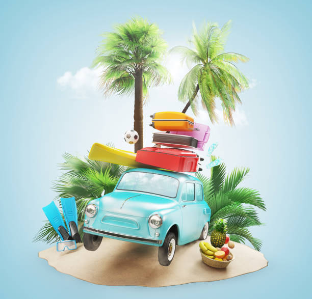 istock Car for holiday with suitcases and palm 879973842