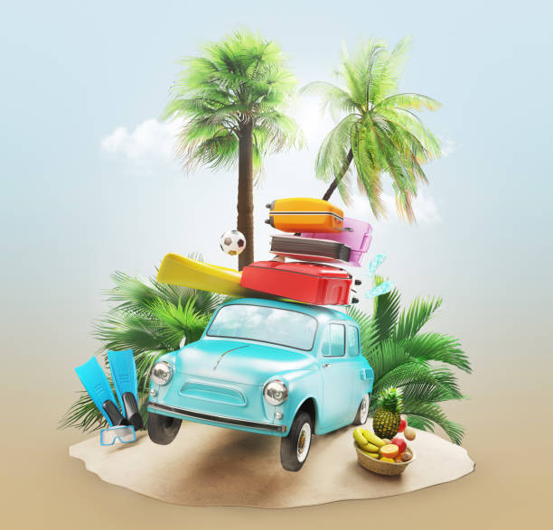 istock Car for holiday with suitcases and palm 879973848