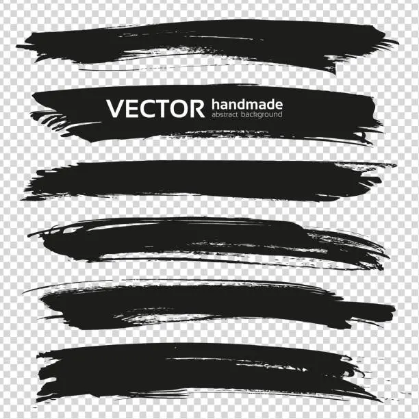 Vector illustration of Abstract big black long thick brush strokes set isolated on imitation transparent background