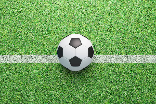 istock Football ball on green grass, render 3d illustration 879981692