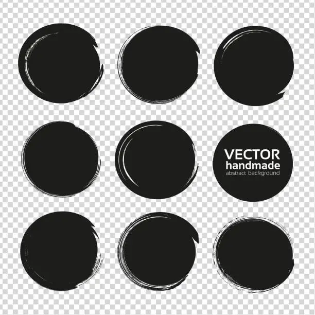 Vector illustration of Big set of circles frames from thick black textured paint smears isolated on imitation transparent background