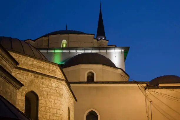 Architectural view at night of Gazi Husrev Beg mosque in Sarajevo