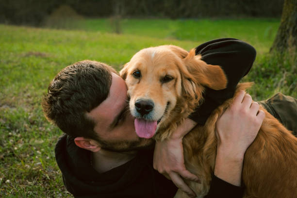 istock Guy and his dog, golden retriever, nature 879994192