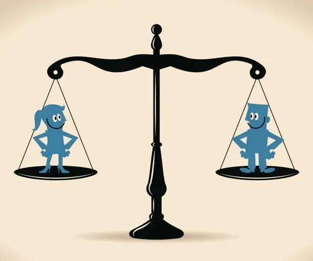 Vector illustration of Gender Equality, smiling businessman and businesswoman standing on equal-arm balance scale