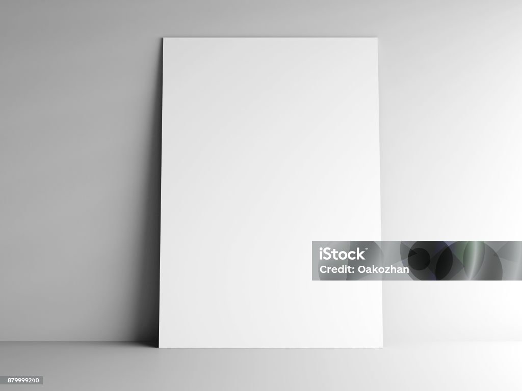 Paper card on a wall #2 White vertical paper card on grey background, three-dimensional rendering, 3D illustration Template Stock Photo