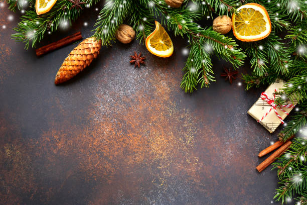 istock Dark brown christmas background with fir branches 880016142