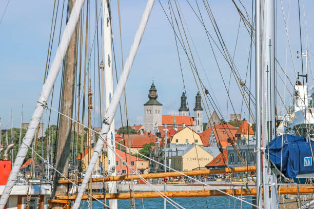 Visby, Gotland, Sweden - August 02, 2017: the view of visby old town from harbor in gotland sweden
