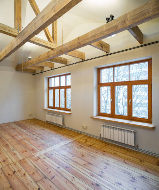 istock Wooden design. Room studio with a kitchen. Big wooden window. 880026148