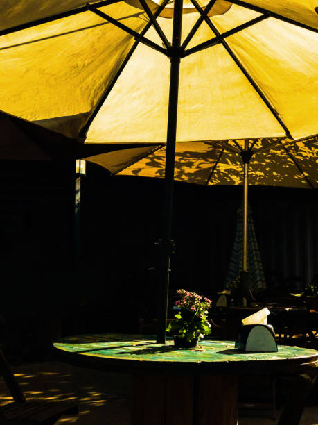 Sun umbrella on green wooden table.